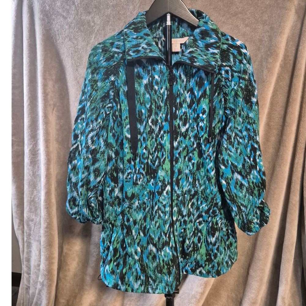 Laura Ashley Womens 1X Ikat Print Zip Up Jacket Teal Green Ruched Sleeve Stretch